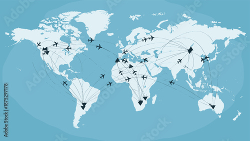 Global air travel map, airplane silhouettes with dotted routes, international flight connections across continents, aviation network illustration flat vector