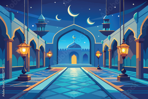 Tranquil blue Islamic courtyard at night with arches, domes, minarets, glowing lanterns, crescent moon and starry sky. Perfect for travel, architecture, religion, and cultural themes.