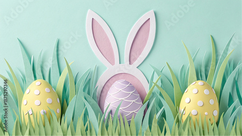 Easter paper cut background with bunny ears hiding behind a purple egg.