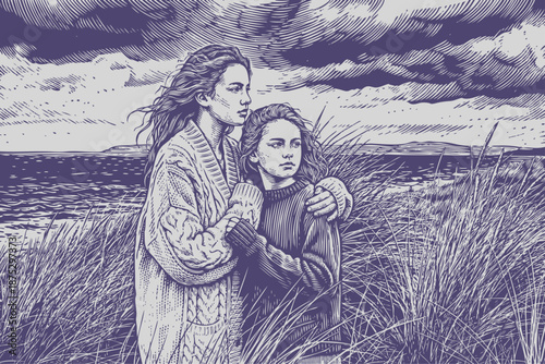Two sisters embrace on a windy seashore under a dramatic sky. A hand-drawn vector illustration in a classic, vintage engraving or woodcut style.