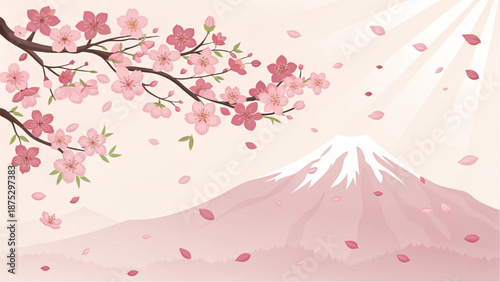 Beautiful landscape of Mount Fuji in Japan surrounded by blooming cherry blossom branches.