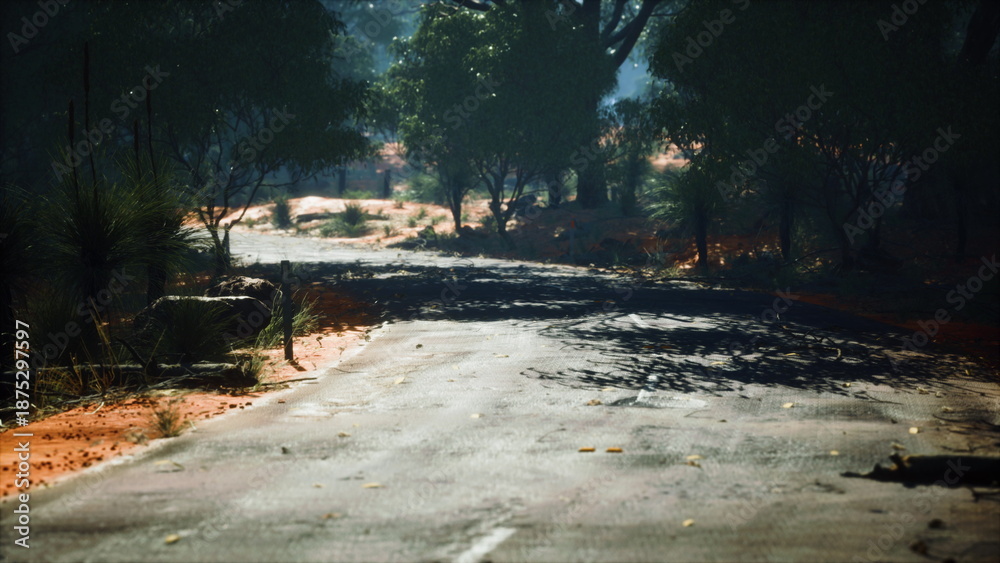 Obraz premium A solitary road winds through a lush forest, dappled sunlight breaks through the trees, and a sense of calm fills the air. The scene evokes tranquility and peacefulness.