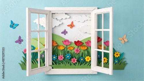 Paper art landscape with butterflies and clouds seen through a window.