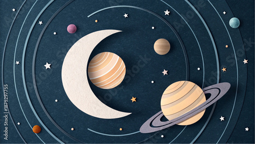 Simple outer space background with textured paper moon and stars.