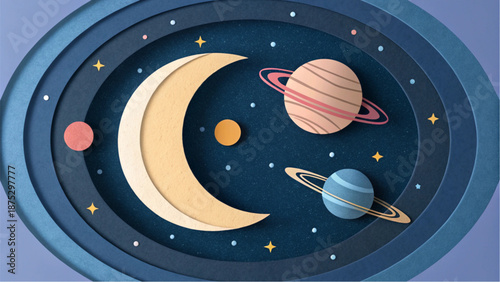Creative paper cut style illustration of a crescent moon and planets.