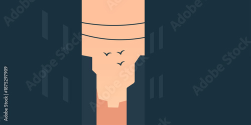 Narrow alley silhouette illustration. Tall buildings on both sides. Overhead utility wires crossing. Small glowing sky opening. Birds passing through space.