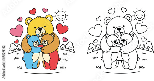 Cute Mother Bear Hugging Cubs Illustration and Coloring Page for Kids, Family Love Concept with Hearts Sun and Trees, Educational Activity for Preschool Children and Toddlers