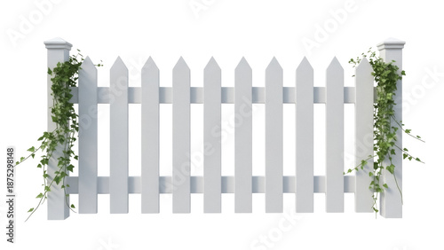Fotografi Charming white picket fence with ivy isolated PNG, garden border element on tran