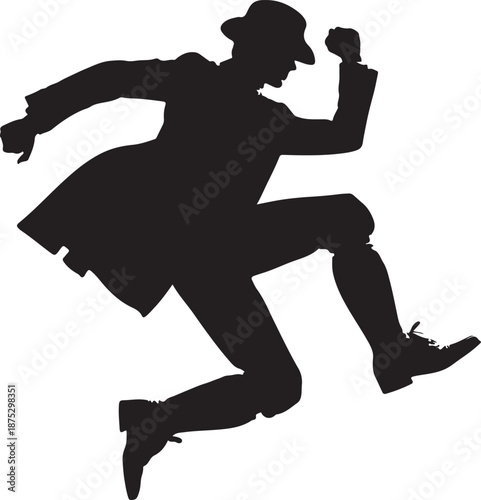 A dynamic silhouette of a man in a classic hat and trench coat, captured mid-jump or powerful stride, exuding a sense of energetic movement.