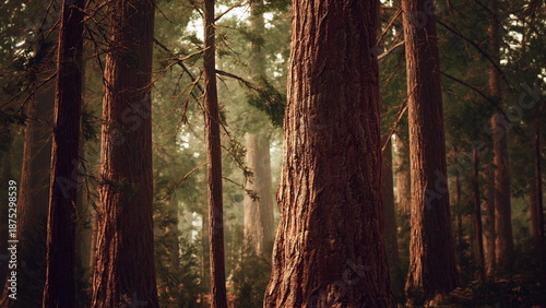 Фотография Tall, ancient trees tower over a tranquil forest scene, their rough bark glistening in the gentle morning sun