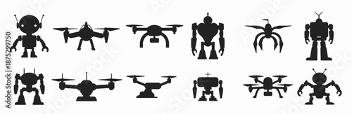 silhouette collection of futuristic robots and drones 