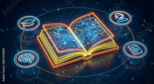 Modern digital education and online learning concept with a glowing neon book and interconnected icons for artificial intelligence science knowledge and global electronic research
