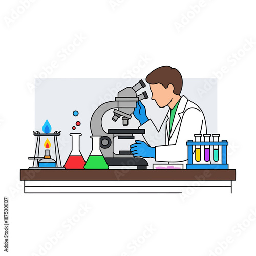 Scientist using microscope in laboratory with colorful beakers and test tubes
