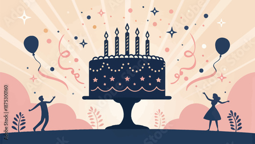 Vibrant birthday celebration with cake and joyful people dancing