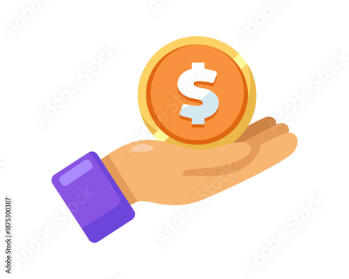 Vector image of a hand holding money. Making a payment with cash. Payment. Hand receiving money. Giving a coin reward.
