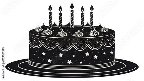 Elegant black cake with lit candles on a plate