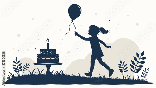 Happy little girl celebrating birthday with cake and balloon