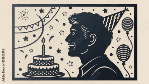 Man celebrating birthday with cake and party hat