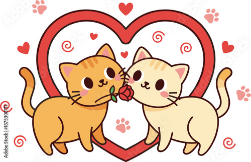 Romantic cartoon cats in heart shape, cute feline couple with rose, love and affection theme, Valentine's Day flat vector illustration