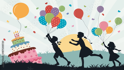 Happy children celebrating birthday with colorful balloons and cake