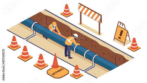 City infrastructure maintenance scene with utility workers working on underground water pipeline, isometric cartoon illustration.