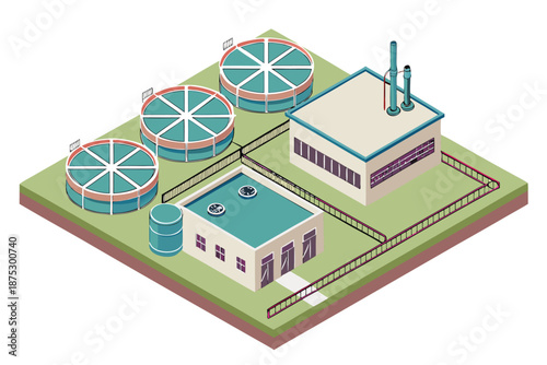 Wastewater treatment plant process illustrated in isometric top view, featuring sedimentation, filtration, aeration, and clean water output.