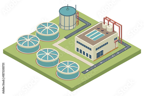 Isometric top view of wastewater treatment process, showing tanks, filters, pipes, and flow stages for industrial water purification systems.