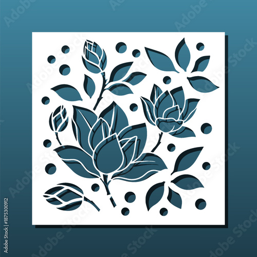 Laser cut panel or coaster,  CNC cutting stencil. Floral pattern, arabian or oriental style, square panels for home decor, wall art, room privacy screens. Vector illustration