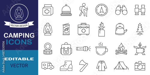 Minimalist camping icon set. Outline drawing camping tourism line clipart symbol. Forest, fire, hiking, knife, adventure, medical, travel and more. Vector illustration.