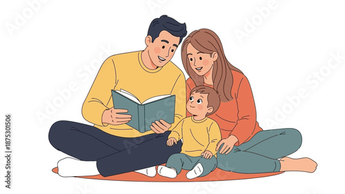 A happy family reading a book together.