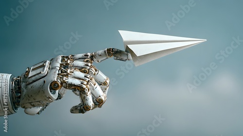 A robot hand pointing to a paper airplane
