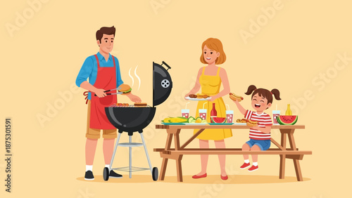 Family Barbecue Fun - Parents and Child Enjoying Outdoor Grilling Together.