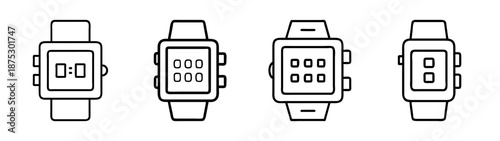 Outline digital watch collection vector illustration, smart watch design, wearable technology timepiece icon
