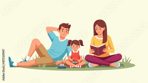 Family enjoying leisure time outdoors, reading books together in a park.