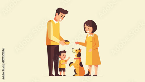 Family feeding their pet dog together, showing love and care.