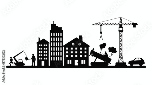 Construction site with workers and cranes in urban cityscape