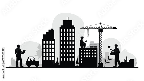 Construction workers building modern cityscape with crane and buildings