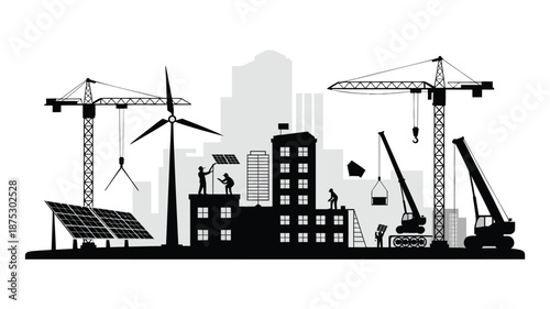 Sustainable urban construction site with renewable energy sources and cranes