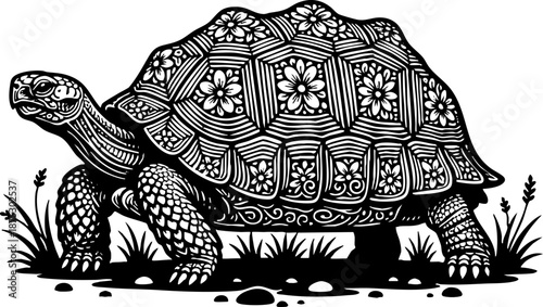 Detailed Drawing of Tortoise with Floral Pattern Shell