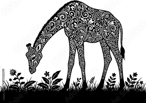 Ornamental Giraffe Grazing Vector Illustration Black and White Design