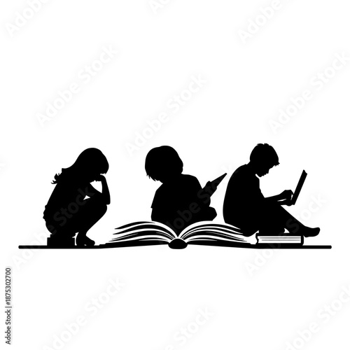 Children Exploring Stories Through Reading and Learning in Silhouette Against a Bright Background