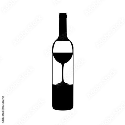 Black wine bottle silhouette with wine glass shape inside isolated on white background representing alcohol beverage celebration and hospitality