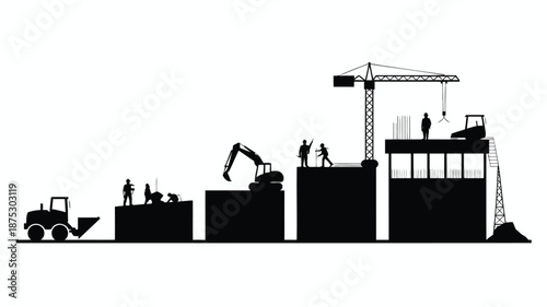 Construction site with workers and heavy machinery in action