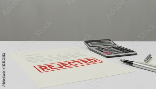Rejected document on a white desk with a calculator and pen symbolizing financial setbacks, failed applications, and the challenges of tax or loan denials