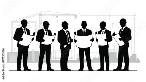 Engineers and architects reviewing construction plans in modern industrial setting