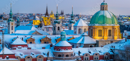 Schilderij op canvas Winter Snowy Prague Old Town Roofs and Towers , Czech republic