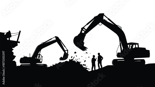 Construction site with excavators and workers in action