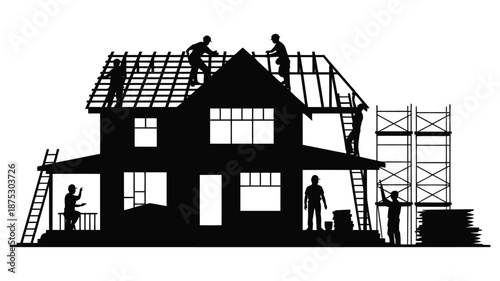 Construction workers building a new house with roofing and scaffolding