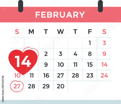February calendar page, valentine heart highlight, romantic date symbol, leap year layout, festive cartoon style, flat vector illustration