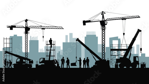 Construction site with cranes and workers in cityscape